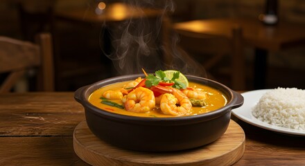 A bowl of shrimp curry with rice on a wooden table in a restaurant setting with steam rising up