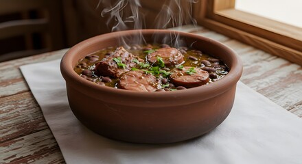 A steaming bowl of feijoada with sausage and beans on a table near a window with natural light