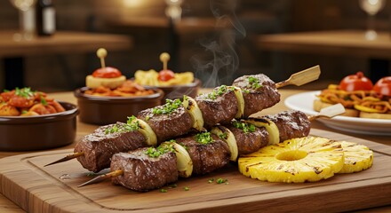 Grilled meat skewers with pineapple and various tapas on a wooden board in a restaurant setting