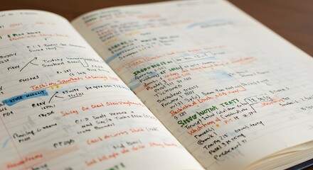 Open notebook filled with handwritten notes and colorful markings on a wooden surface close up