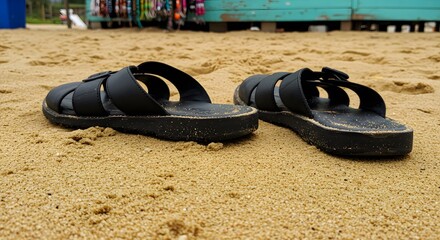 A pair of black sandals sitting on a sandy beach with a turquoise structure in the background