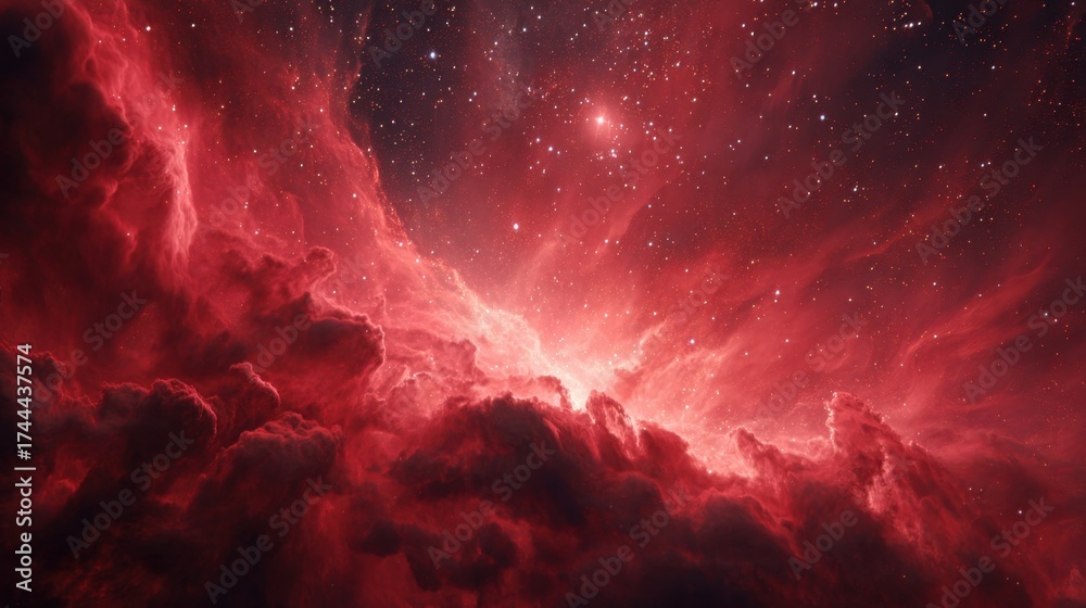 Wall mural the sky is a deep shade of red with a few clouds scattered throughout. the stars are twinkling brigh