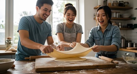 Three people stretch dough on a wooden board in a bright kitchen with a cheerful atmosphere inside