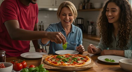 A family adding fresh basil to a homemade pizza in a bright kitchen with tomatoes and white plates