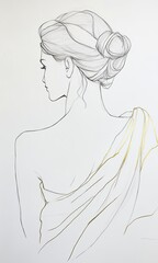 A sketch of the back view, in ink and pencil, of an elegant woman with her hair up, draped only by a white cloth that drapes around one shoulder