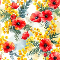 Floral pattern of red poppies and mimosa