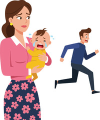 Obraz premium Mother comforting crying baby while man runs away stressed family conflict scene vector illustration 