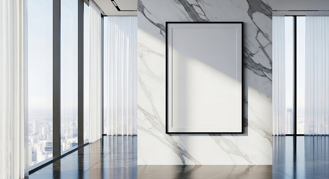 Luxury marble wall art mockup in modern high-rise interior, bright daylight, cinematic lighting design