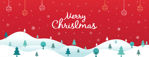 Merry Christmas winter landscape with tree and snow. Festive holiday banner background for greeting cards, posters, and web design. Cheerful Christmas vector illustration.