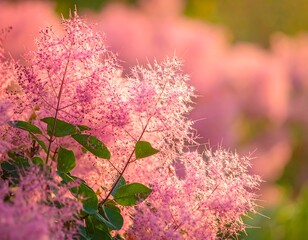Pink flowering plant with fluffy blooms bathed in sunlight