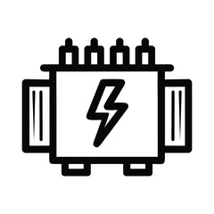 Vector art of black and white outline icon of an electrical transformer with a lightning bolt symbol