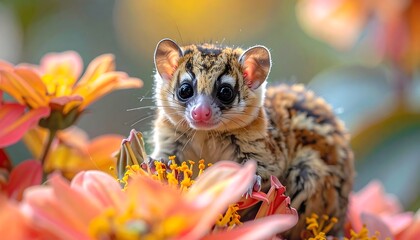 Small, spotted mammal amidst vibrant flowers