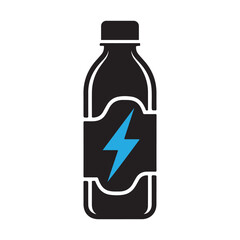 Vector art of black silhouette of a bottle with a blue lightning bolt symbol on its label