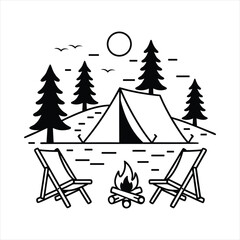 Vector art of camping scene with tent, campfire, and chairs in a forest setting