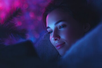Soft glow illuminates thoughtful face, immersed in digital readi