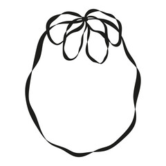 Minimalist black ribbon bow forming an elegant oval frame. Stylish linear graphic for invitations, festive posters, logos, or packaging design. Vector illustration