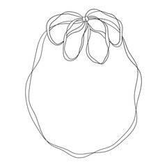 Minimalist black linear ribbon in the shape of a bow forming an elegant oval frame. Stylish line graphic for invitation design, festive posters, logos, or packaging. Vector illustration