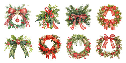 Festive wreaths with red ribbons.