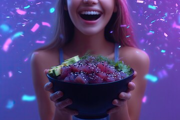 Joyful expression, vibrant colors, colorful salad bowl, festive