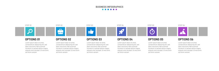Progress bar featuring 6 arrow-shaped elements, symbolizing the six stages of business strategy and progression. Clean timeline infographic design template. Vector for mobile presentation.