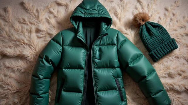 Green puffer jacket and knitted hat arranged on a soft background  