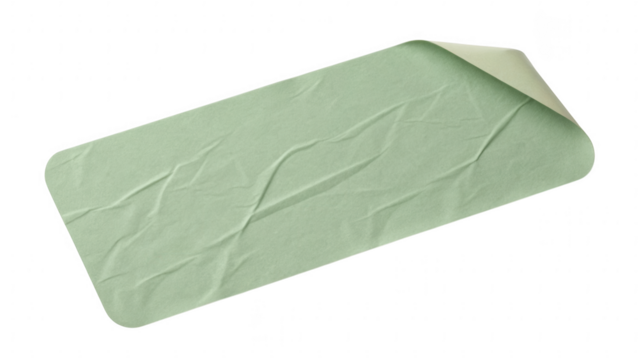 Crinkled light green paper sticker peeling off isolated on transparent background