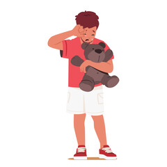 Little crying boy child cartoon character holding teddy bear toy wiping tears from face with hand