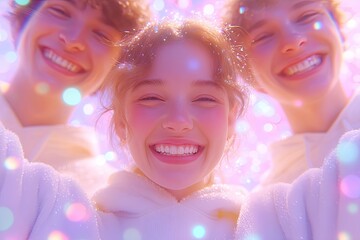 Joyful expressions radiate warmth, surrounded by soft light and