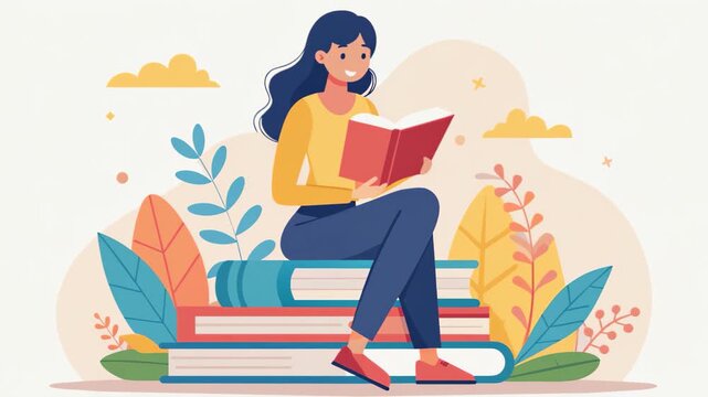 Woman sitting on a stack of books, reading a book, A woman sitting on a pile of books reading a book, Simple and minimalist flat 2d Animation