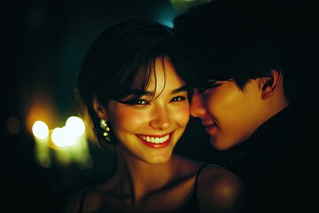 Warm embrace under soft lights, showcasing genuine joy and roman