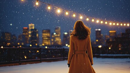 Warm coat contrasts with snowy night, city lights twinkle softly
