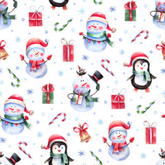 Seamless watercolor Christmas pattern with snowmen, penguins, gifts, candy canes, and bells. Cute festive design full of winter joy, perfect for wrapping paper, textiles, and holiday decor.