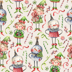 Seamless watercolor Christmas pattern with cute elves, toys, candy canes, ribbons, and festive details. Hand-painted holiday design full of joy and whimsy for wrapping and decor.