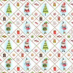 Hand-painted watercolor Christmas pattern with Santa, elves, trees, gifts, and sweets. Light festive design with a cozy nostalgic mood, perfect for holiday decor and wrapping.