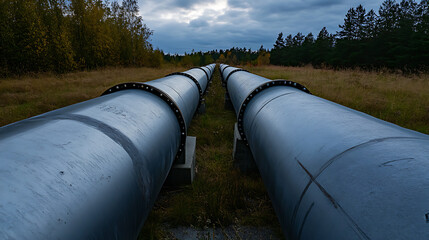 Parallel pipes stretch across a landscape of autumnal hues under a cloudy sky, symbolizing infrastructure, connectivity, and the flow of resources.