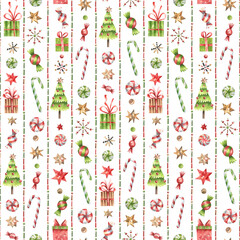 Seamless watercolor background with gifts, sweets, and Christmas trees. Festive holiday design perfect for seasonal decor, gift wrapping, and cozy winter projects.