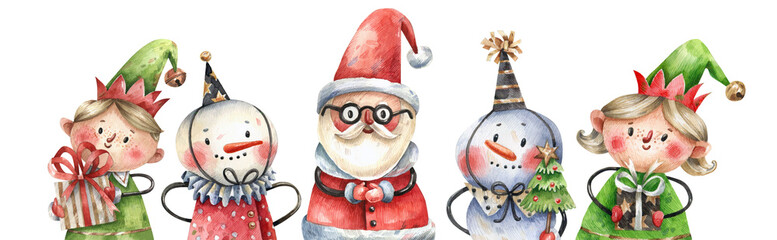 Hand-painted watercolor illustration with Santa, elves, and snowmen. Cute Christmas characters in a whimsical festive style, perfect for greeting cards, prints, and holiday decor.