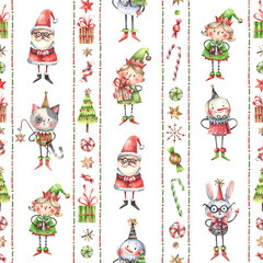 Seamless watercolor Christmas pattern with Santa, elves, cat, bunny, gifts, candy canes, and holiday ornaments. Cute vertical stripe design perfect for wrapping paper and festive textiles.