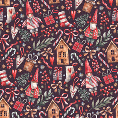 Seamless Christmas pattern with gnomes, gingerbread houses, gifts, mittens, berries, and candy canes. Cozy hand-painted watercolor design with warm festive mood, perfect for wrapping paper