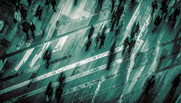 Fototapeta A high-angle, long-exposure photo of a busy crowd walking on a city street with white lines and teal tone. Motion, urban life, anonymity.