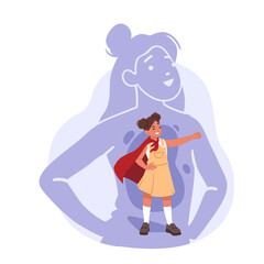 Adult woman silhouette with little girl inner child standing in superhero pose wearing red cape