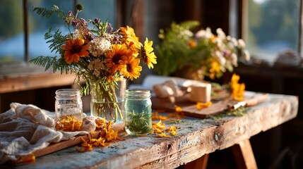 Fototapeta premium Featuring a rustic wooden table adorned with various flowers in jars, set against a blurred background to emphasize the centerpiece.