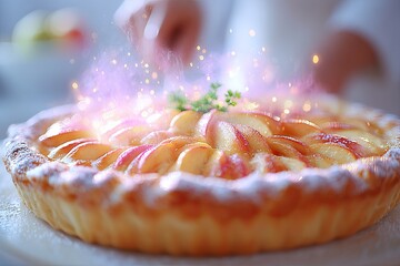 Delicious pie adorned with vibrant apples and magical sparkles,