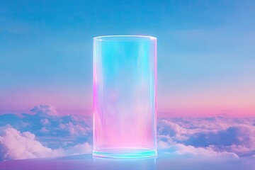 Translucent cylinder emits vibrant colors, surrounded by dreamy
