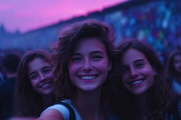Joyful friends capturing moment during an enchanting sunset fest
