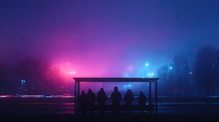 Silhouettes waiting at bus stop under vibrant fog-lit neon light