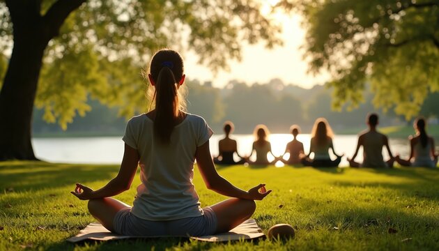 Group of people meditate in lotus pose on green grass near lake at sunrise. Calm individuals practice yoga together in park. Serene morning exercise routine outdoors.