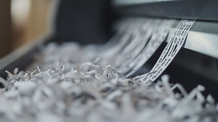 Shredded Documents: Security and Destruction of Confidential Information. Close-up view of paper in a shredder machine, showing cut paper fragments.