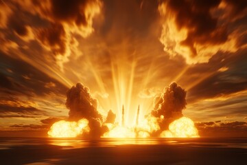 Fototapeta premium Rockets ascending into the sky with dramatic clouds and vibrant sunset in a wide panoramic view