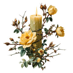 Beautiful candle in wild rose bushes on transparent background for designers, marketers and IT. Popular abstraction, background, illustration, object, symbol, texture. Flowers, natural space for text.